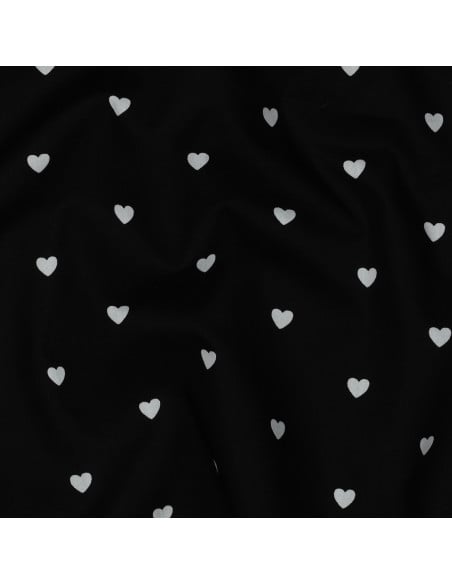 Tissu popeline de coton fantaisie - Coeur blanc sur fond noir