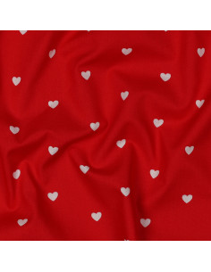 Tissu popeline de coton fantaisie - Coeur blanc sur fond rouge