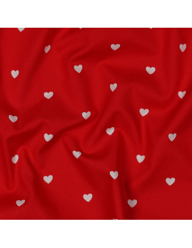 Tissu popeline de coton fantaisie - Coeur blanc sur fond rouge