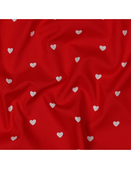 Tissu popeline de coton fantaisie - Coeur blanc sur fond rouge