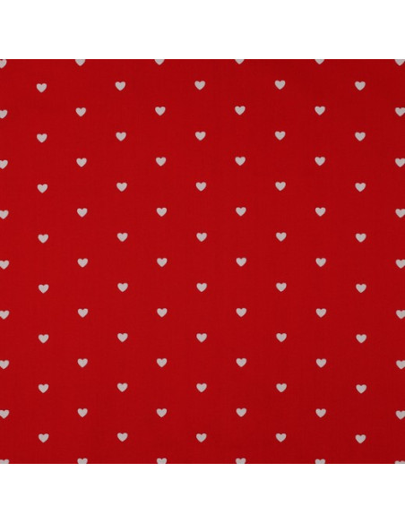 Tissu popeline de coton fantaisie - Cœurs blanc sur fond rouge