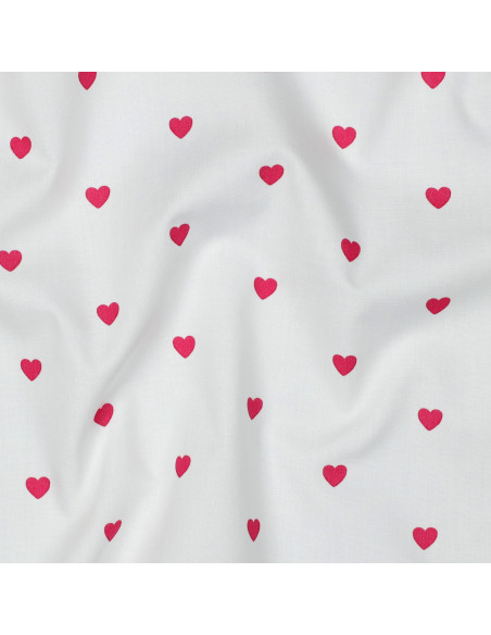 Tissu popeline de coton fantaisie - Coeur fuchsia sur fond blanc