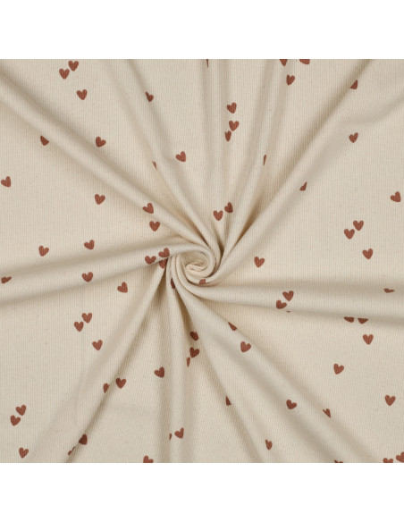 Tissu jersey coton maille côtelé - Cœurs naturel