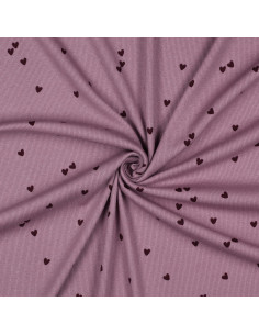 Tissu jersey coton maille côtelé - Cœurs mauve