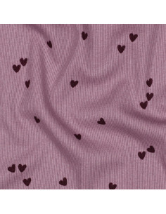 Tissu jersey coton maille côtelé - Cœurs mauve 2