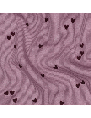 Tissu jersey coton maille côtelé - Cœurs mauve