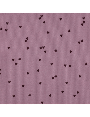 Tissu jersey coton maille côtelé - Cœurs mauve