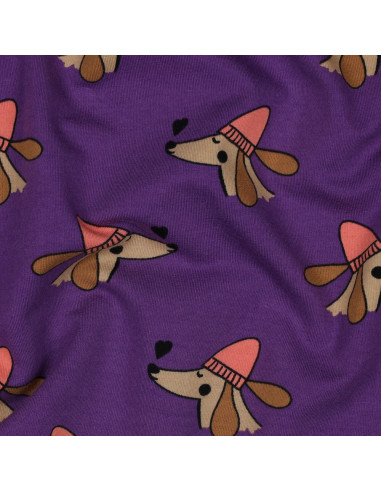Tissu sweat molleton chien et cœurs - Violet