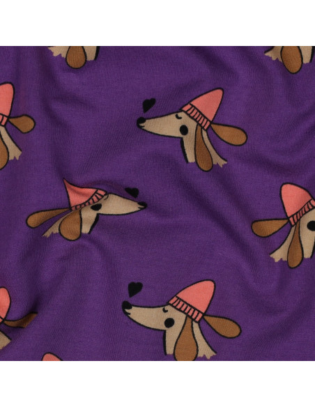 Tissu sweat molleton chien et cœurs - Violet