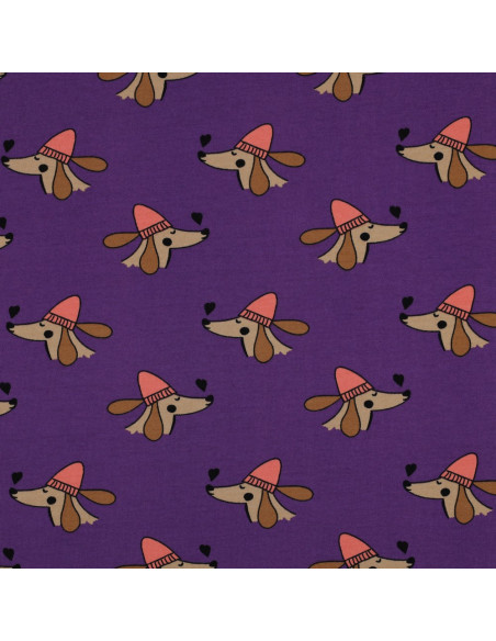 Tissu sweat molleton chien et coeurs - Violet