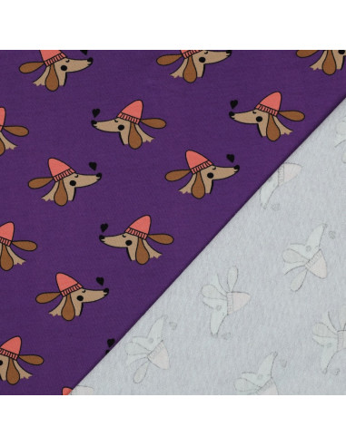 Tissu sweat molleton chien et coeurs - Violet