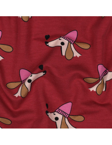 Tissu sweat molleton chien et cœurs - Rouge