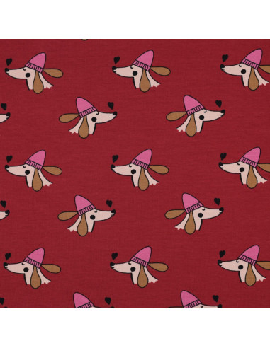 Tissu sweat molleton chien et Coeurs - Rouge