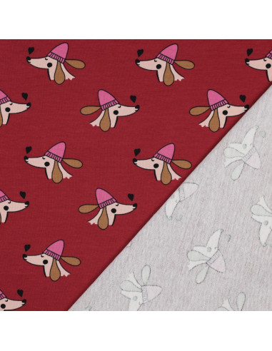 Tissu sweat molleton chien et Coeurs - Rouge