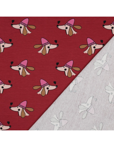 Tissu sweat molleton chien et Coeurs - Rouge
