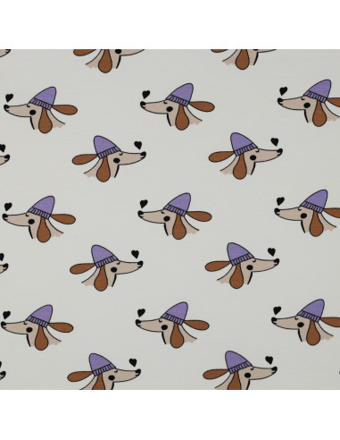Tissu sweat molleton chien et coeurs - Blanc cassé