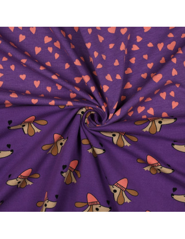 Tissu sweat molleton violet  - Coeurs corail