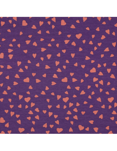 Tissu sweat molleton violet  - Coeurs corail