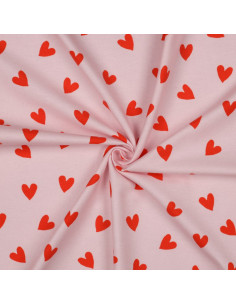 Tissu flanelle rose - Cœurs rouge vif