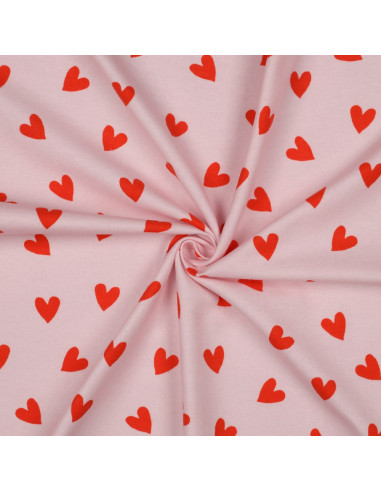 Tissu flanelle rose - Cœurs rouge vif