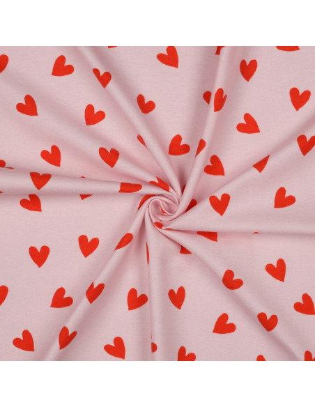 Tissu flanelle rose - Cœurs rouge vif