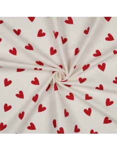 Tissu flanelle blanc cassé - Cœurs rouge