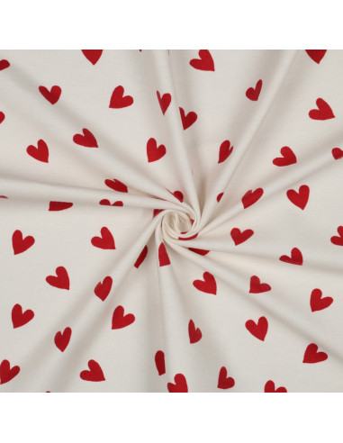 Tissu flanelle blanc cassé - Cœurs rouge