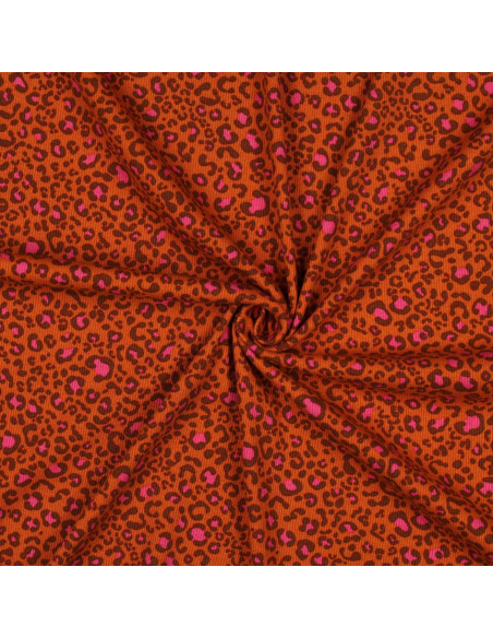 Tissu jersey coton maille côtelé - Léopard orange