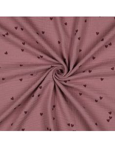 Tissu double gaze imprimé - Cœurs rose sur fond vieux rose foncé