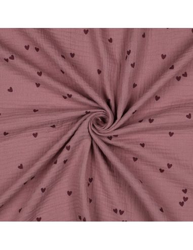 Tissu double gaze imprimé - Cœurs rose sur fond vieux rose foncé