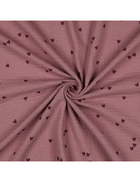 Tissu double gaze imprimé - Cœurs rose sur fond vieux rose foncé