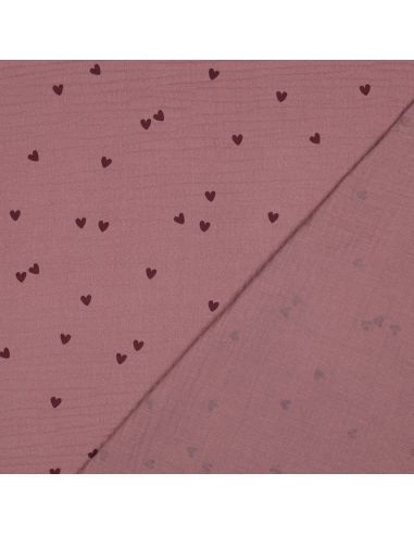Tissu double gaze imprimé - Cœurs rose sur fond vieux rose foncé