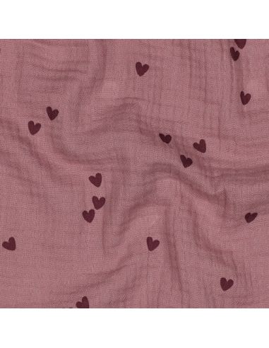 Tissu double gaze imprimé - Cœurs rose sur fond vieux rose foncé