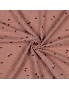 Tissu double gaze imprimé - Cœur mocha sur fond marron