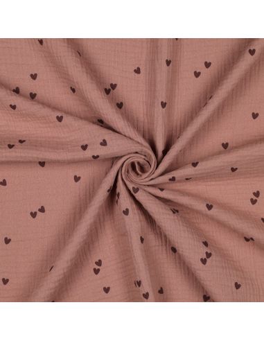 Tissu double gaze imprimé - Cœur mocha sur fond marron