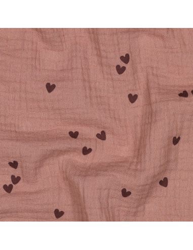 Tissu double gaze imprimé - Cœur mocha sur fond marron