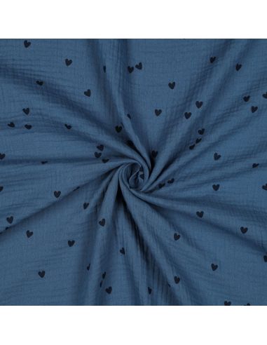 Tissu double gaze imprimé - Cœur noir sur fond bleu