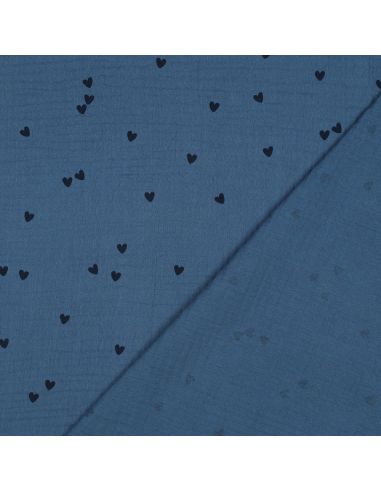 Tissu double gaze imprimé - Cœur noir sur fond bleu