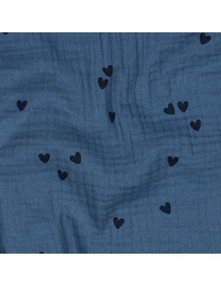 Tissu double gaze imprimé - Cœur noir sur fond bleu
