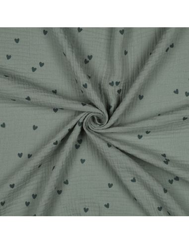 Tissu double gaze imprimé - Cœur vert foncé sur fond vert