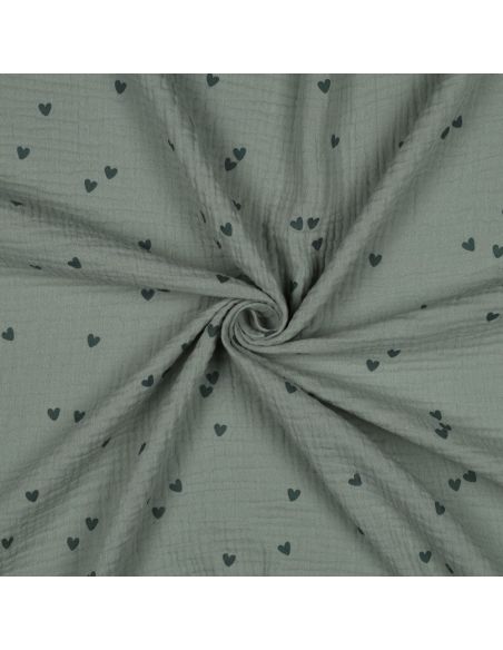 Tissu double gaze imprimé - Cœur vert foncé sur fond vert