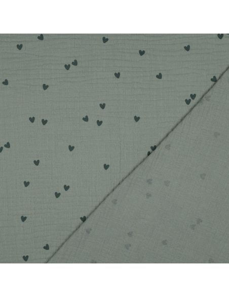 Tissu double gaze imprimé - Cœur vert foncé sur fond vert
