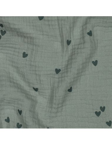 Tissu double gaze imprimé - Cœur vert foncé sur fond vert