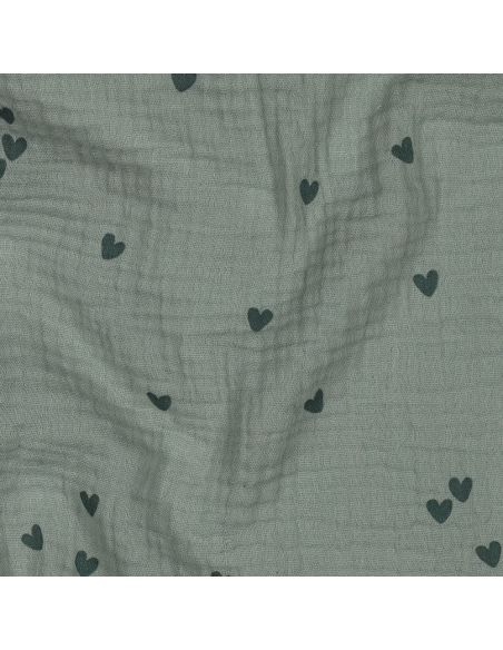 Tissu double gaze imprimé - Cœur vert foncé sur fond vert