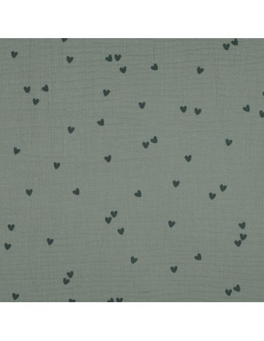 Tissu double gaze imprimé - Cœur vert foncé sur fond vert