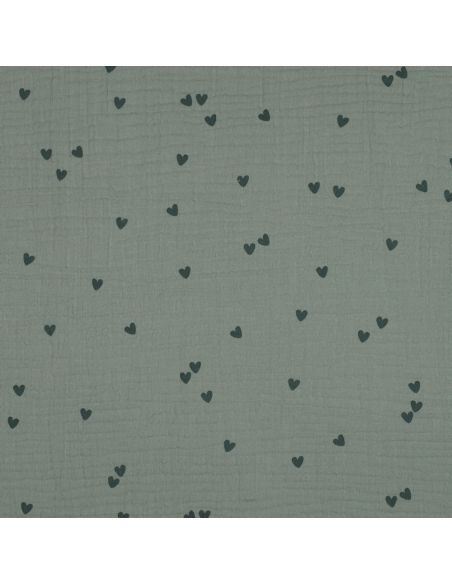Tissu double gaze imprimé - Cœur vert foncé sur fond vert