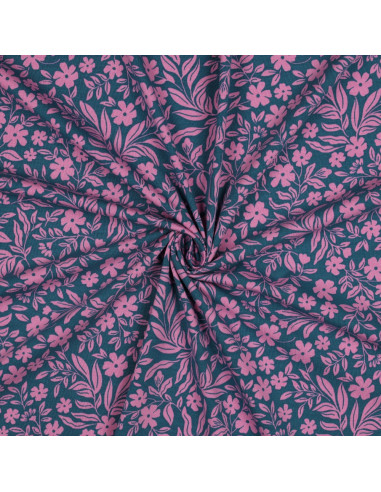 Tissu jersey fleurs - Rose sur fond bleu pétrole