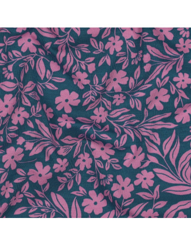 Tissu jersey fleurs - Rose sur fond bleu pétrole