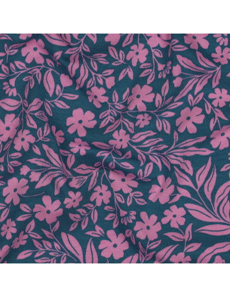 Tissu jersey fleurs - Rose sur fond bleu pétrole