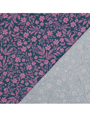 Tissu jersey fleurs - Rose sur fond bleu pétrole